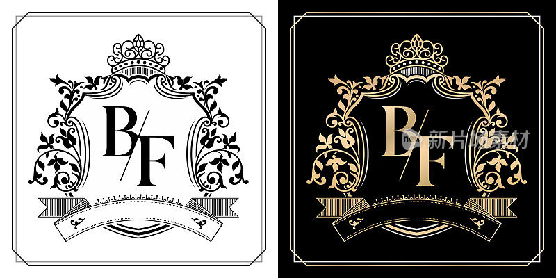 BF royal emblem with crown, initial letter and graphic name Frames Border of floral designs with two variation colors, BF Monogram, insignia, initial letter frames, wedding couple name
